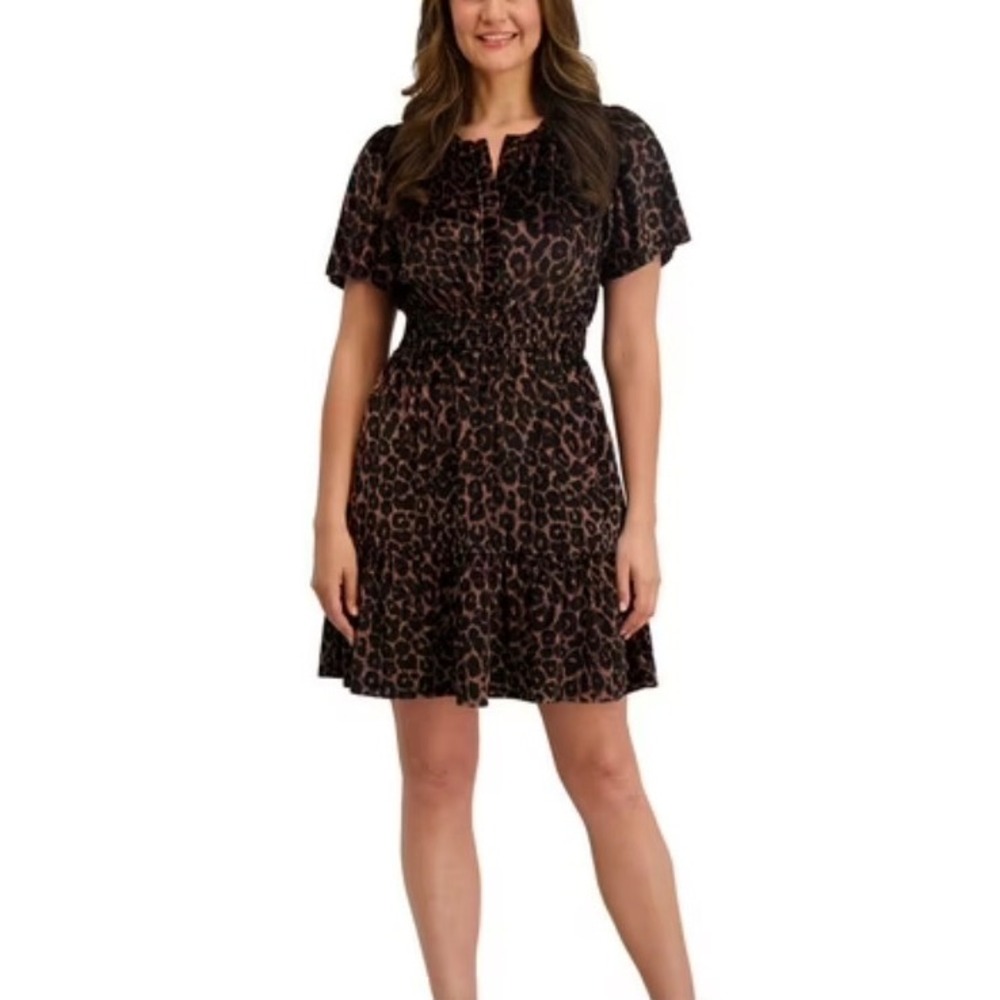 French Connection Leopard Velvet Mini Dress Smocked Animal Print NWT boho Y2K Bl